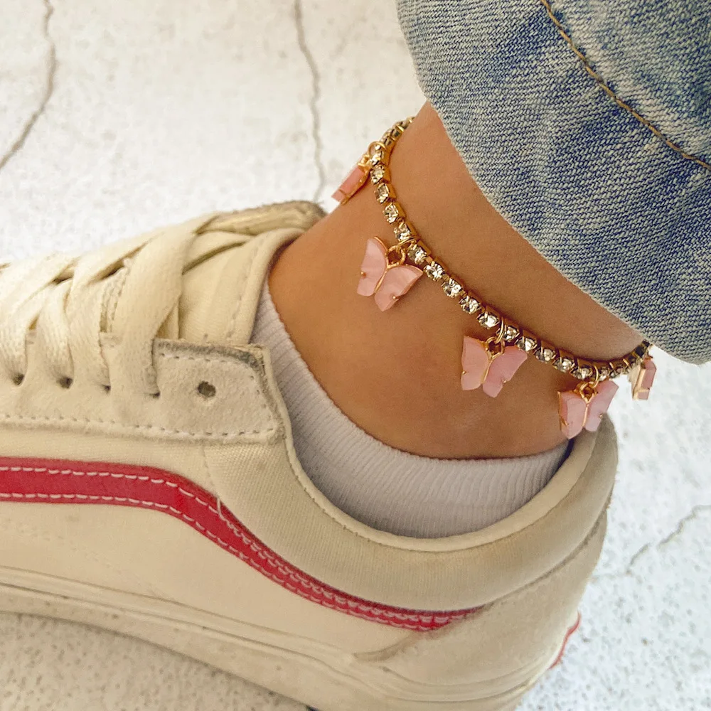 

2022 Fahion Butterfly Pendant Anklet For Women Girls Crystal Rhinestone Tennis Chain Foot Chain Jewelry Accessories