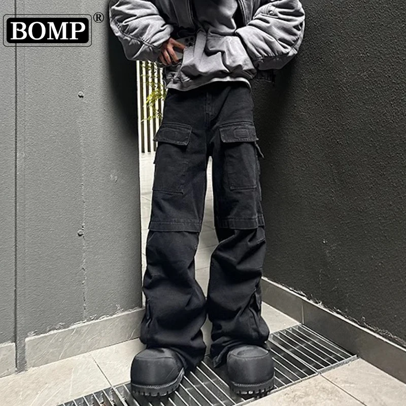 [BOMP] Расклешенные брюки-карго в стиле High Street стираные плиссированные брюки с
