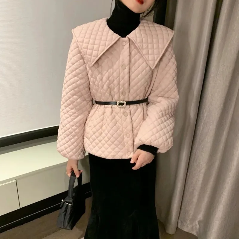 Vintage Long Sleeves Parka Mujer Single-breasted Belt Outerwear 2023 Winter Padded Jacket Women Lingge Quilted Doll Collar Coat