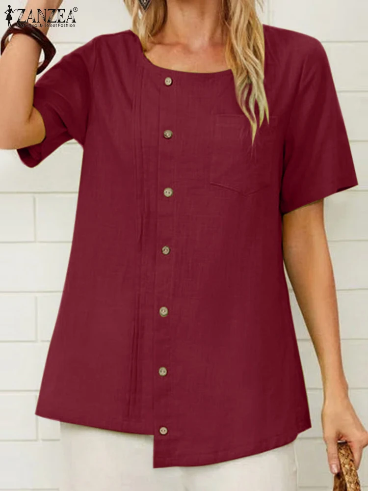 

ZANZEA Women Summer Casual Tops O-Neck Short Sleeve Solid Fake Button Irregular Hem Shirt Female Fashion Oversize Holiday Blouse