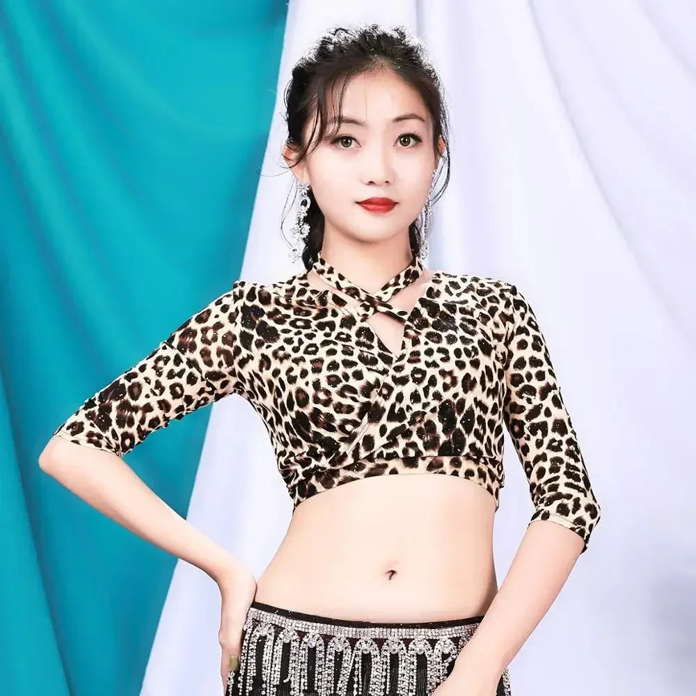 Женский топ для танца живота с леопардовым принтом эластичный кроп-топ из