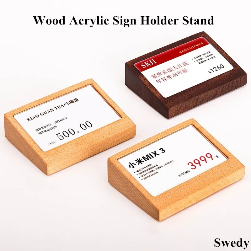 

88x46mm Small Slant Back Wood Table Tent Price Label Card Tag Acrylic Advertising Sign Holder Display Stand