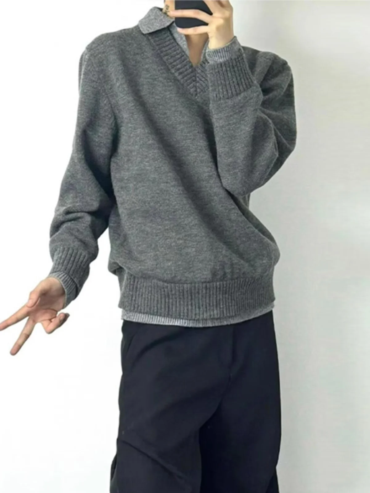 Design Sense Patchwork Contrast Color Fake Two Pieces Lapel Knit Men's Autumn and Winter Bottoming Shirt Loose Pullover...