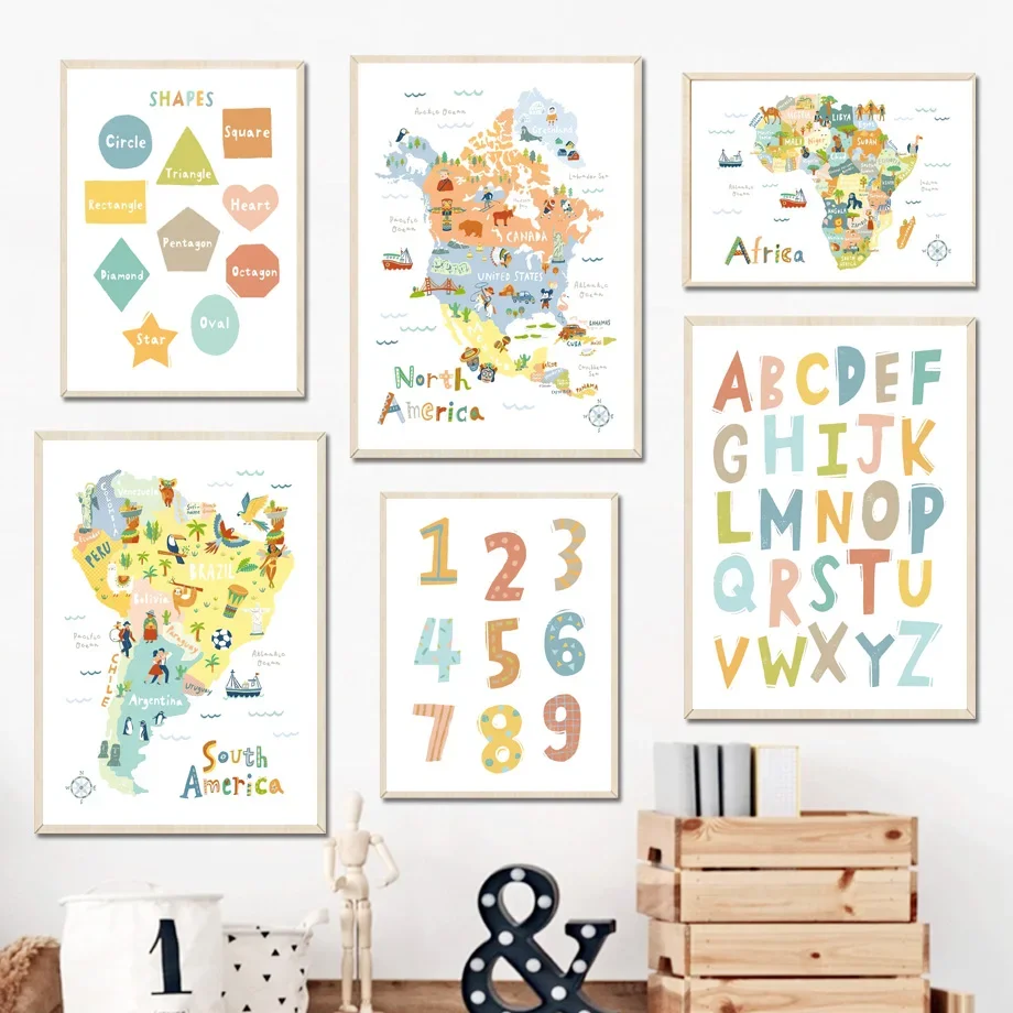 Американская Азия Африка Европейская карта формы цифры Алфавит искусство холст