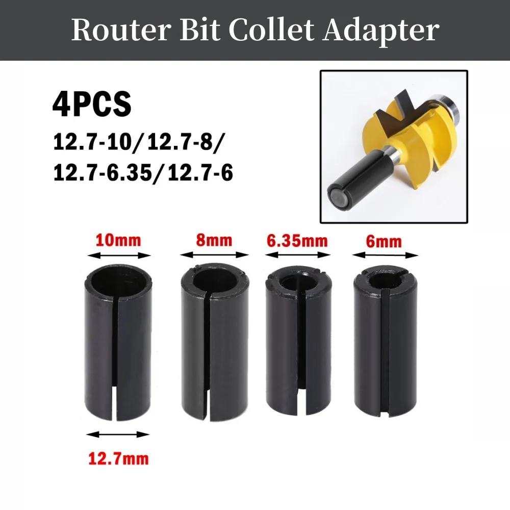 

4Pcs Router Bit High Precision Adapter Collet Milling Cutter Tool Adapters 12.7-6 6.35 8 10mm Hand Power Tool