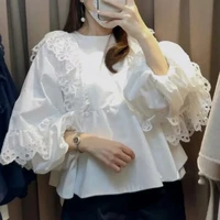 kuzuwata spring summer japanese shirts hollow lace patchwork lantern sleeve slim waist thin blusas women design short blouses