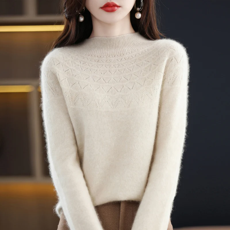 

Hollow Seamless Wool Sweater Women's% 100 Pure Wool Spring And Autumn New Long-Sleeved Semi-High Collar Loose Pullover Bottoming