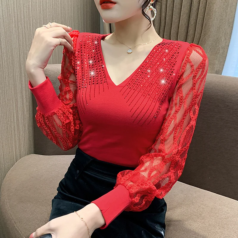 

#5711 Spring Black Red Knitted T Shirt Women V-neck Diamonds Sexy Skinny Women's T-shirt Spliced Lantern Sleeve Korean Style
