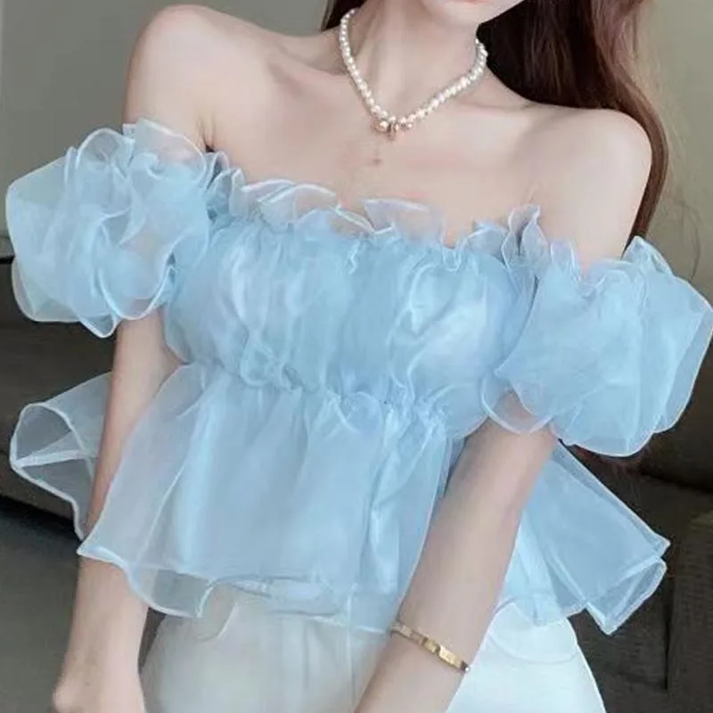 

Korean Fashion Ruffles Tops Sexy Off The Shoulder Chiffon Blouses Women Summer Short Sleeve Shirts Sweet Casual Clothes 26559