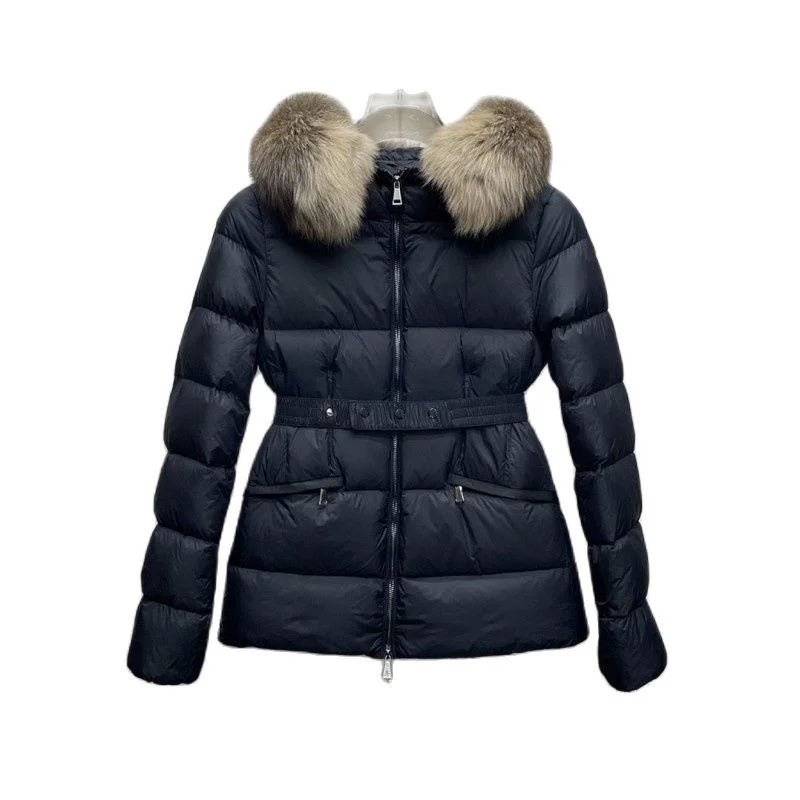 

Winter women's hooded down Fox fur collar removable Slim parka Belt accessory Solid color Casual jacket Keep warm light