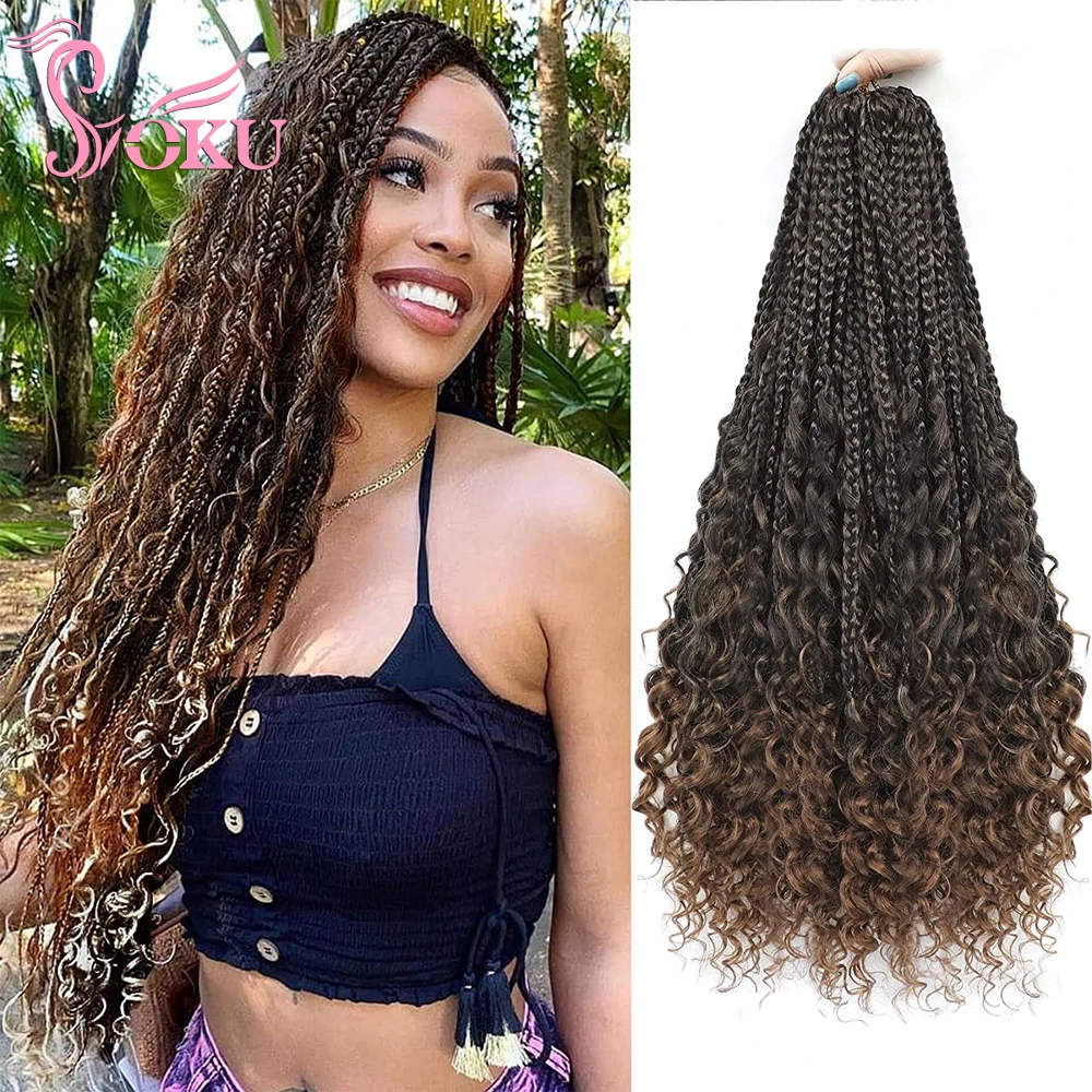 

SOKU Box Braids Crochet Hair Blonde Bohemian River Locs With Curly Ends 20 Inches Pre Looped Synthetic Braiding Hair Extension