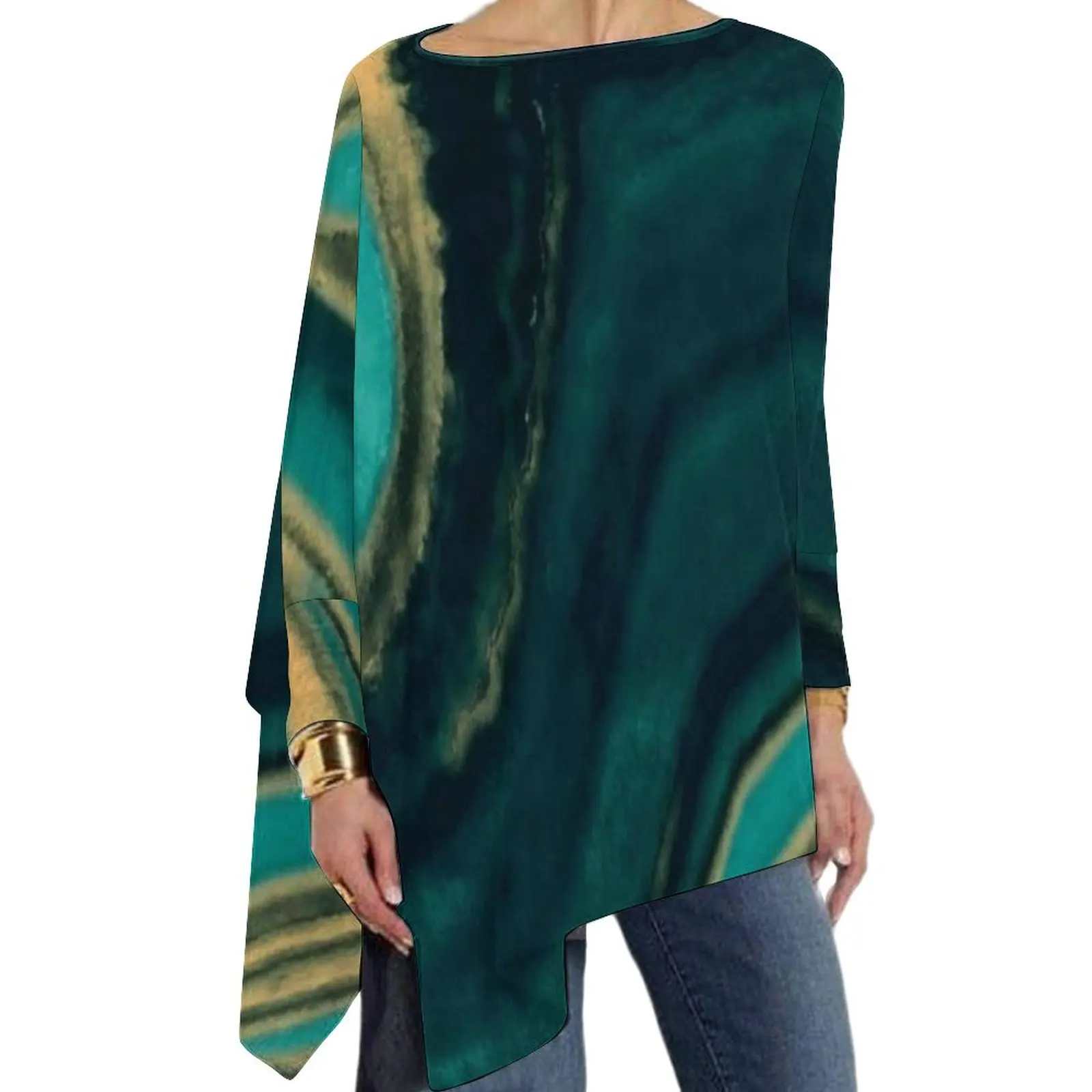 

Marble Art T Shirts Aqua And Metallic Gold Marble Texture Casual Long Sleeve T Shirt Y2K Printed Tees Ladies Clothing Big Size