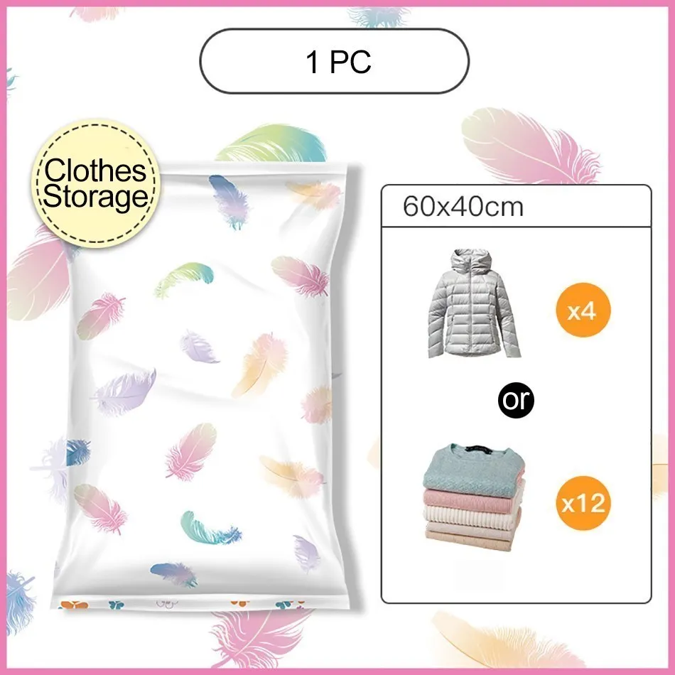 

Storage Bags Cute Feathers Pattern Compression Vacuum Bags for Clothes Organizer Manual Blankets Reusable Space Saver Seal Bag