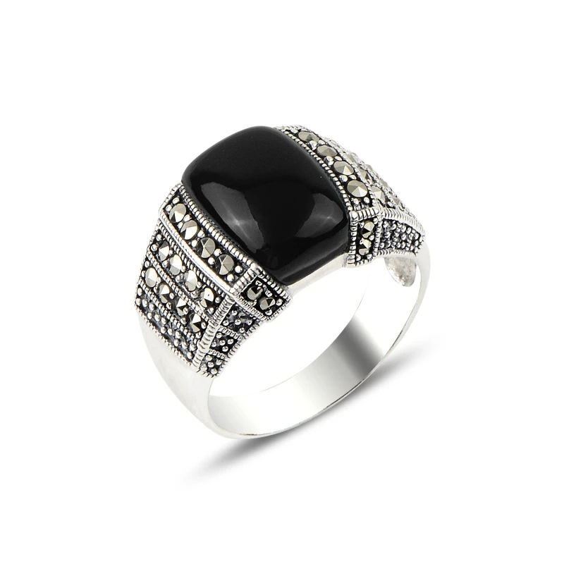 

Silver 925 Sterling Onyx & Marcasite Ring