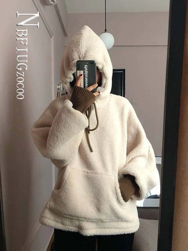 

Long Sleeve Pullover Hooded Women Sweatshirt Korean Imitation Lambswool Female Sweatshirts
