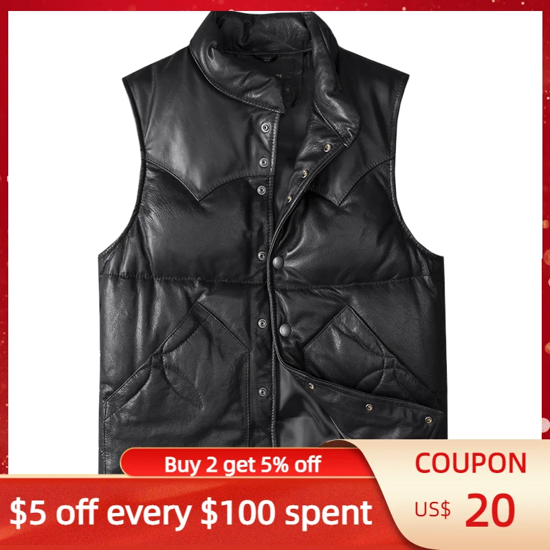 

Мужской повседневный жилет из натуральной овечьей шкуры, черный однотонный приталенный жакет большого размера 3XL из натуральной овечьей шк...