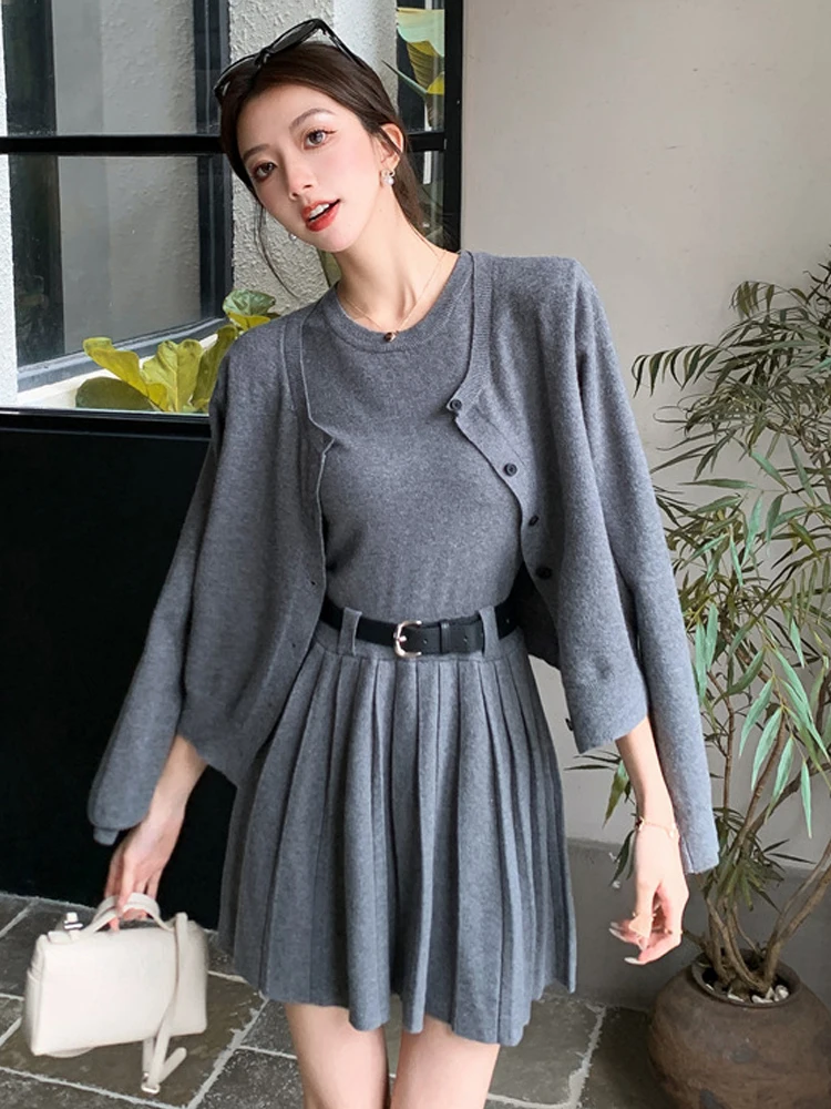 Повседневный стиль вязаная одежда из двух предметов женская черный серый жилет