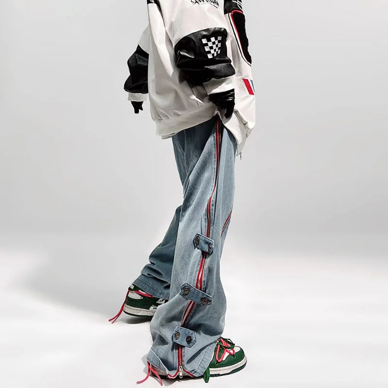 DEEPTOWN Y2K Zipper Baggy Jeans Men Button Straight Denim Pants Red Blue Streetwear Trousers Male Wide Leg Punk Hip Hop Fashion