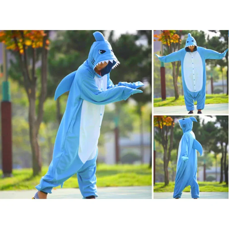 Новинка 2025 кигуруми унисекс пижамы для взрослых синяя акула мягкий флис с