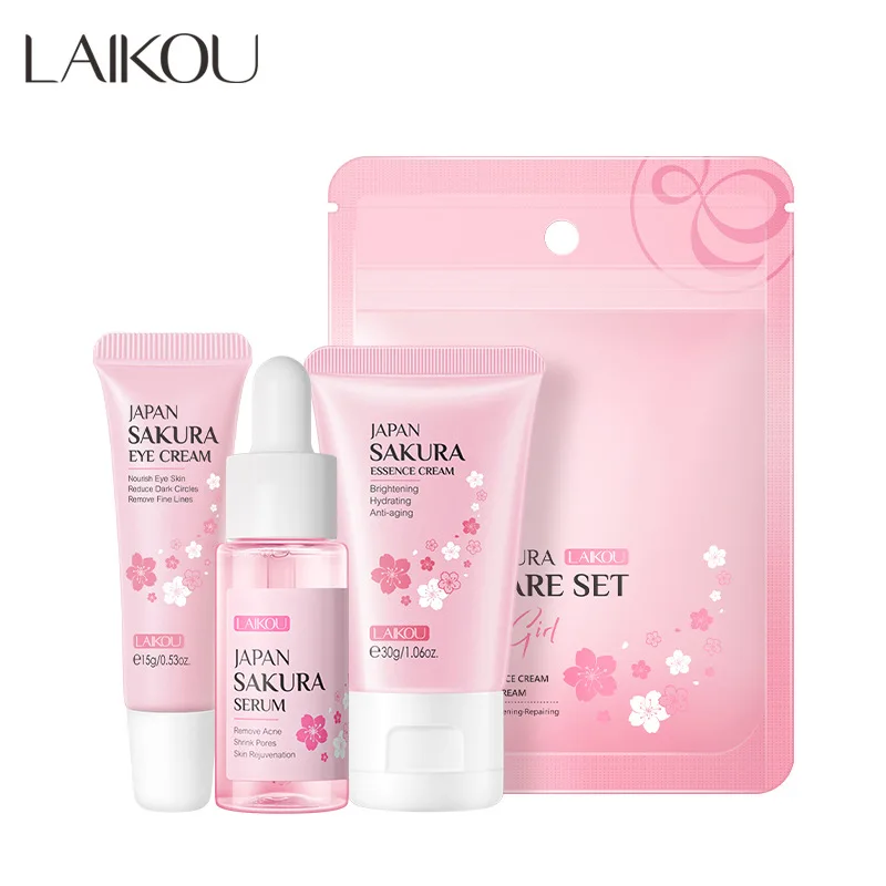 LAIKOU Sakura Anti-aging Brightening Moisturizing Skin Care Serum Eye Cream Face Cream 3 Piece Set Fade Spots Firming Skin