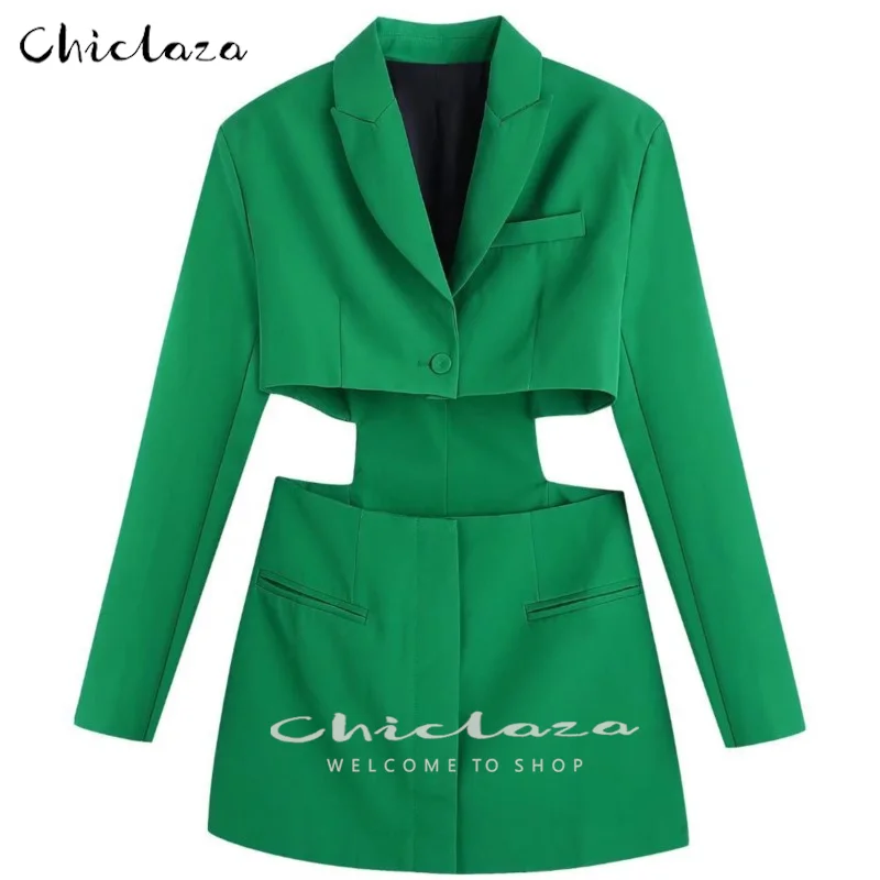 

CHICLAZA 2022 New Suummer Women Hollow Out Waist Blazer Dress Sexy Office Ladies Long Sleeve Bodycon Dresses