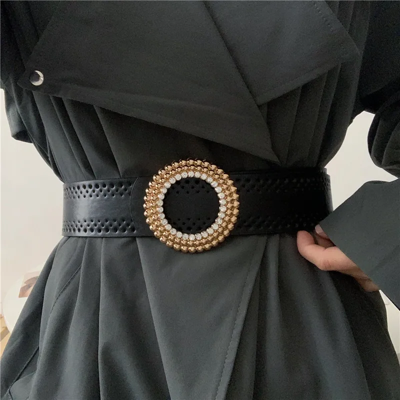 PU Leather New Gold Ring Round Buckle Belts For Women Cutout Design Casual Belt Jeans Dress Luxury Rhinestone Buckles Waistbands