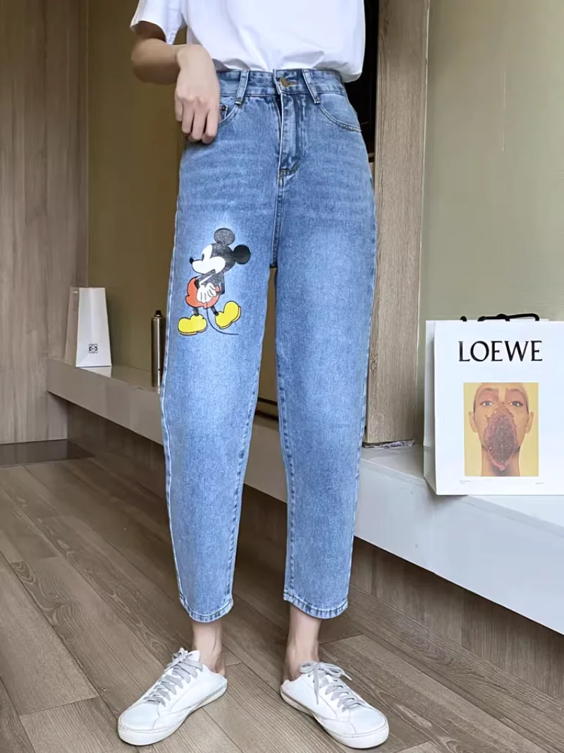 Cartoon Straight Jeans Women's 2023 Early Spring New Trendy Printed Cropped Pants High Waist Loose Slimming Harem Pants Trousers