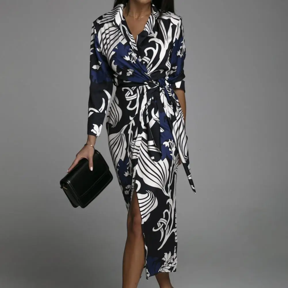 

2022 Elegant Woman Long Sleeve Dresses Turn Down Collar Mid-calf Tie Belt Flower Print Ladies Dress Midi Dress