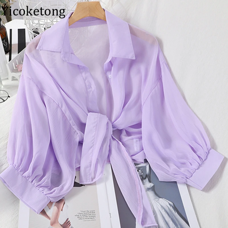 Кардиган с завязкой на талии Однотонные блузки женские шифоновые рубашки