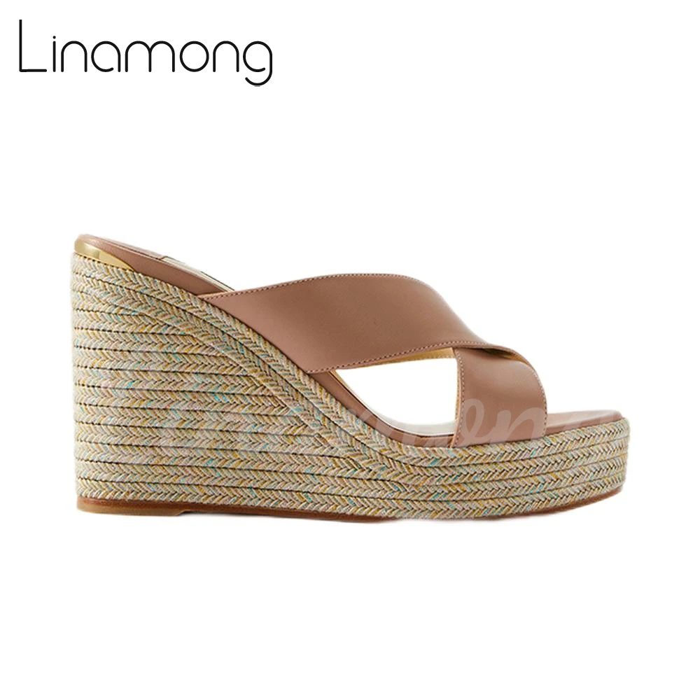 Cross-Strap Leather Espadrilles Slippers Solid Color Wedge Sandals Round Toe Comfortable Summer Shoes Private Custom Slippers
