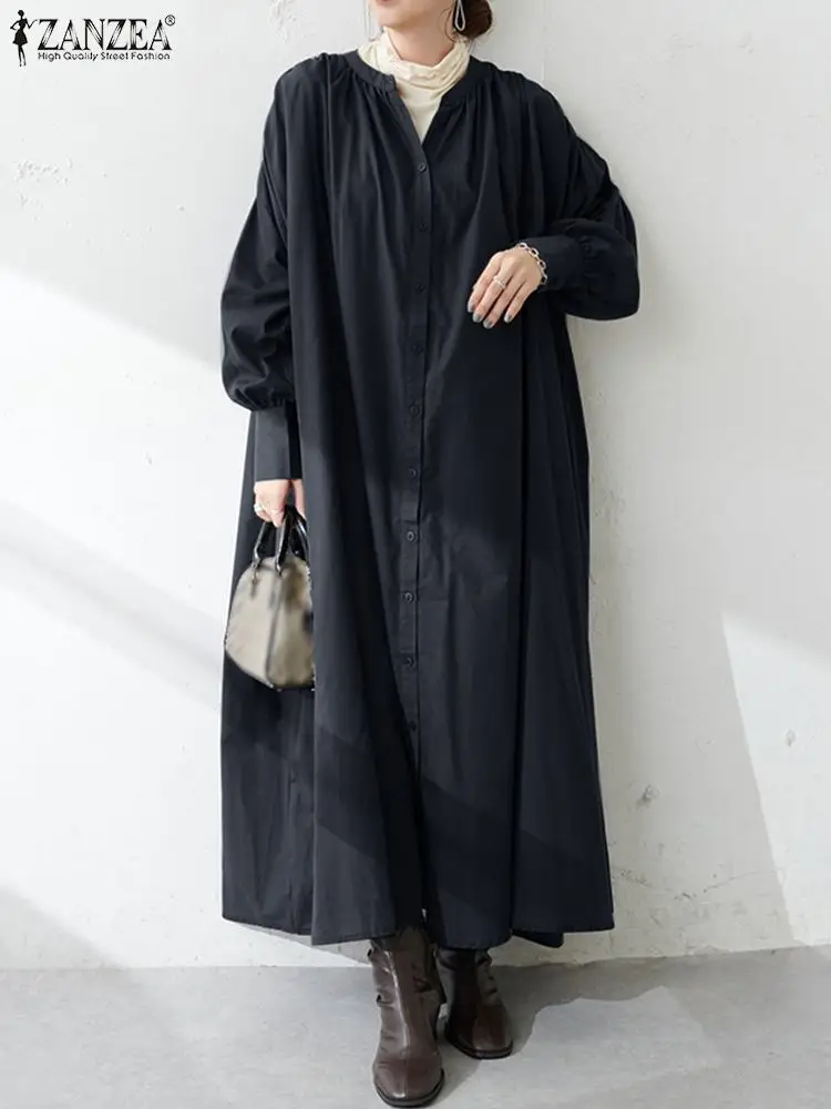 

Осенний Модный женский сарафан ZANZEA с длинным рукавом, однотонный кафтан, длинное платье-макси 2022, повседневное свободное платье, женское пл...