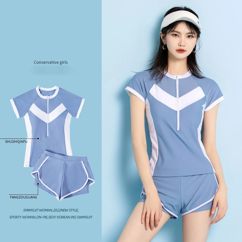 

Summer Zipper Short Sleeve Swimwear Sexy Surf Two Piece Set Swimsuit Women 2023 New Bathing Suit Female Sport Beachwear