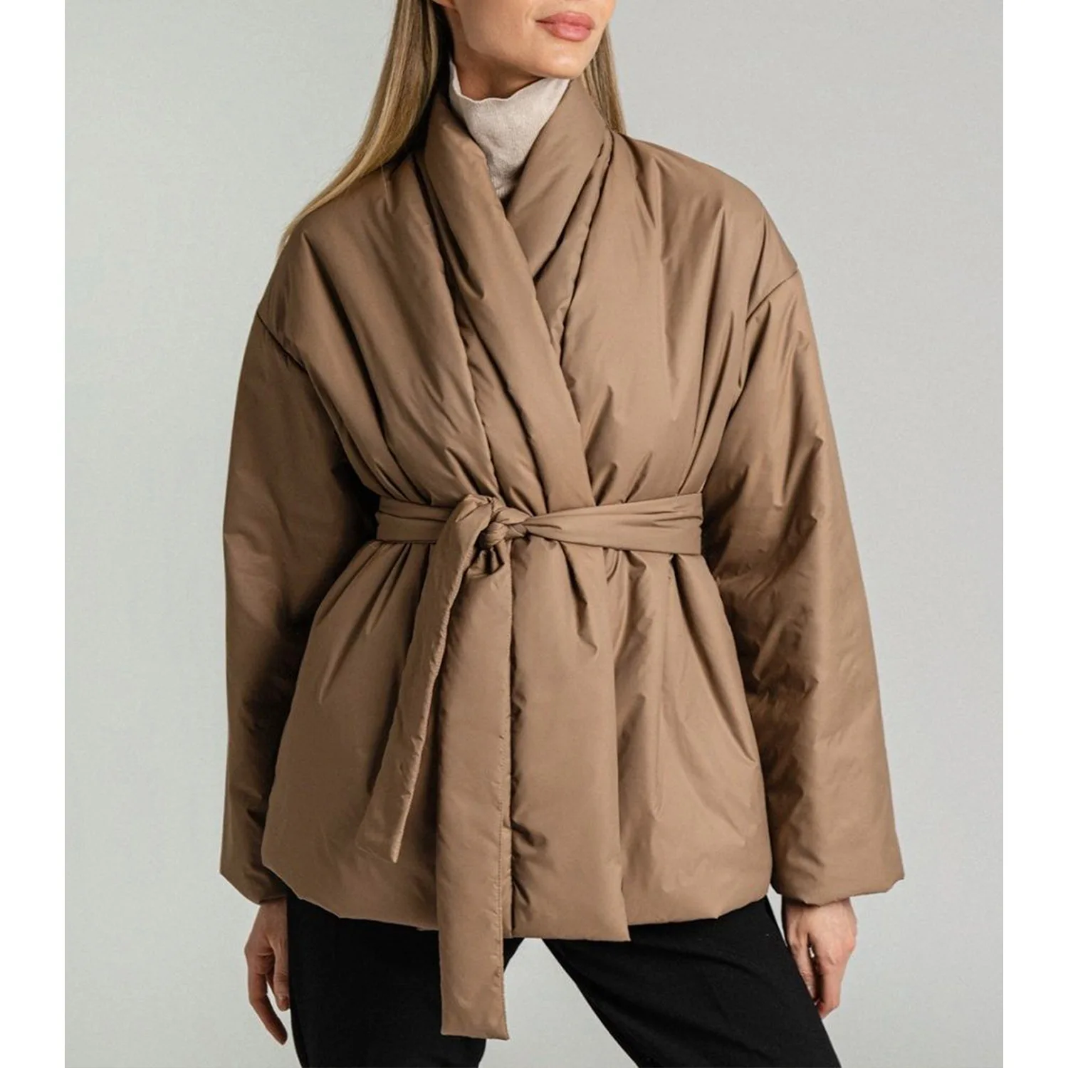 

Quilted Jacket Women Winter Loose Coat Vintage Belted Outwear 2022 Solid Color Short Style Office Ladies Warm Cotton Jackets