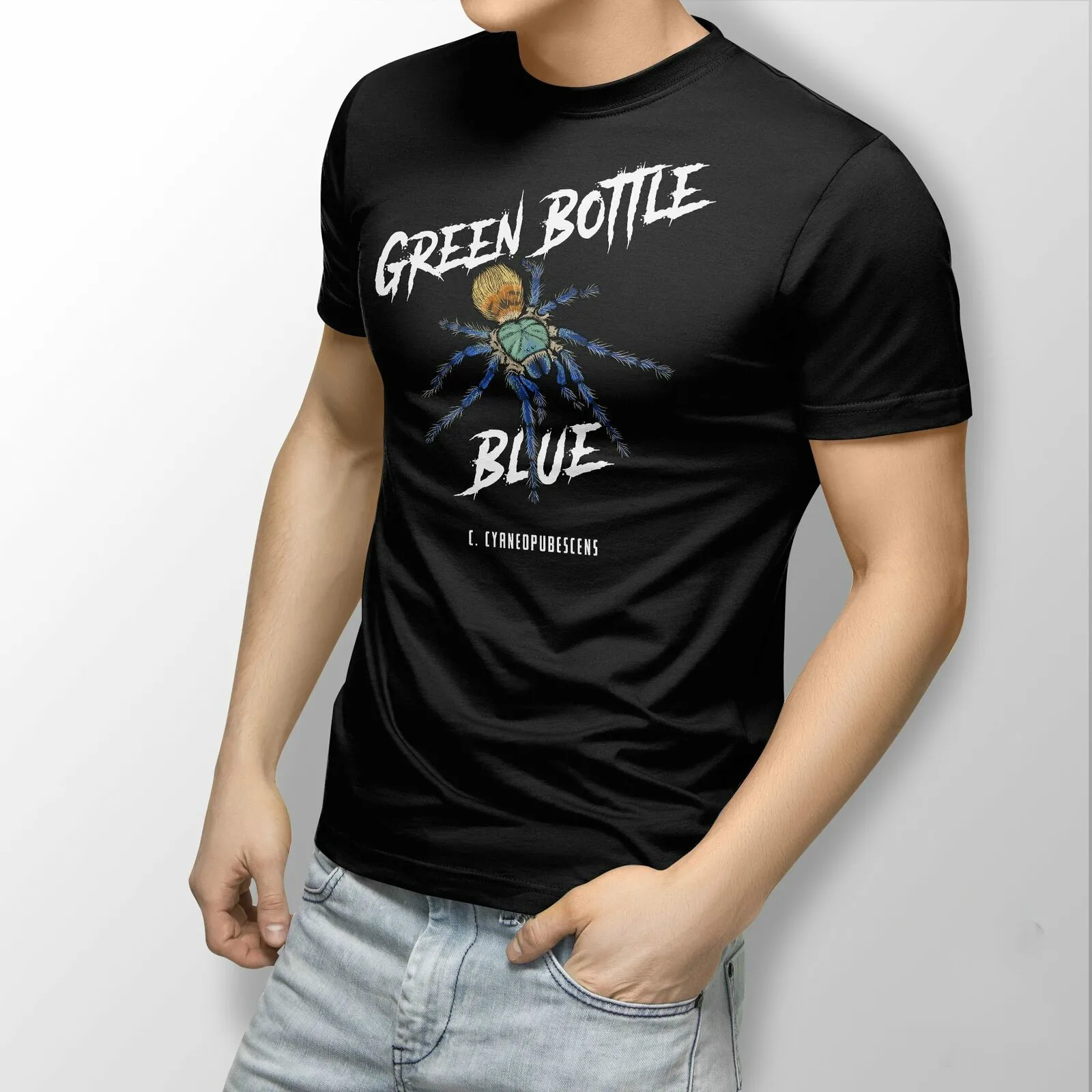 

Зеленая бутылочка синий Тарантул забавная футболка с насекомым пауком Повседневные футболки свободного кроя из 100% хлопка с коротким рукав...