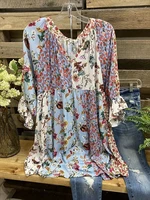 2022 summer ladies fresh floral stitching dress temperament v neck flared sleeve chiffon skirt