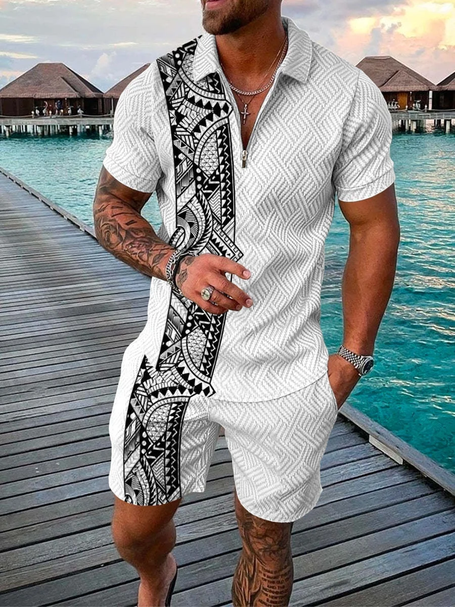 Men's Polo Shirt 2 Piece Set Luxury Liong KIng Print 3D Zipper Polo Tee  Tracksuits Fashion Sportswear Summer Outfit Piece Set