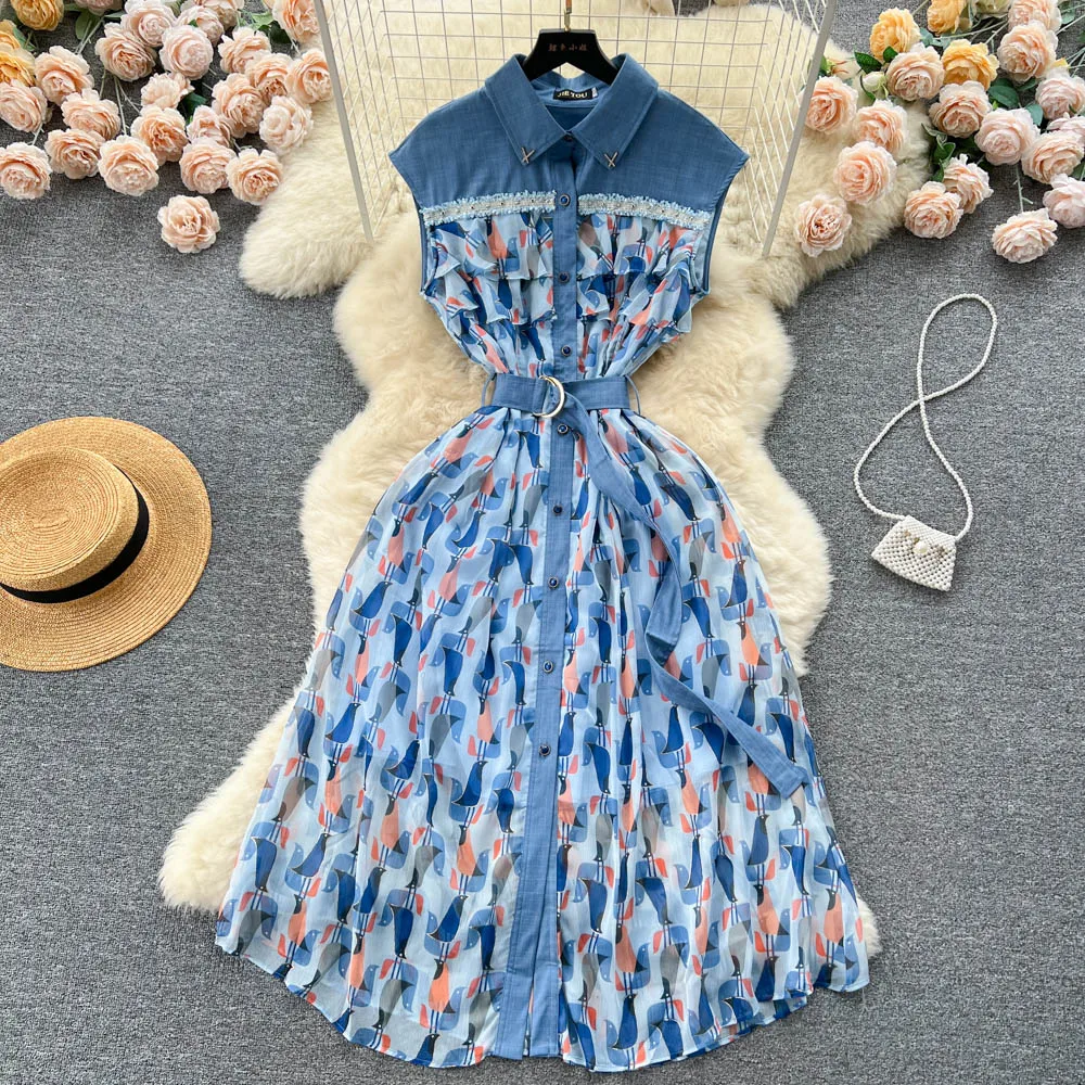 

French Retro Lapel Sleeveless A-line Dress Women Summer Lace-up Waist Slim Denim Stitching Printed Vintage Clothes Vestidos L172