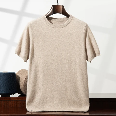 2025 мужской свитер из 100% кашемира, футболка, новый пуловер с короткими рукавами, весенний базовый джемпер с круглым вырезом для мягкой рубашки, вязаный джемпер