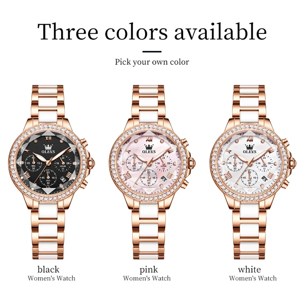OLEVS Роскошные кварцевые часы с бриллиантами для женщин зеркальный хронограф