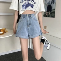 womens loose thin rolled short jeans summer 2021 new wide leg denim shorts female casual straight vintage high waisted shorts