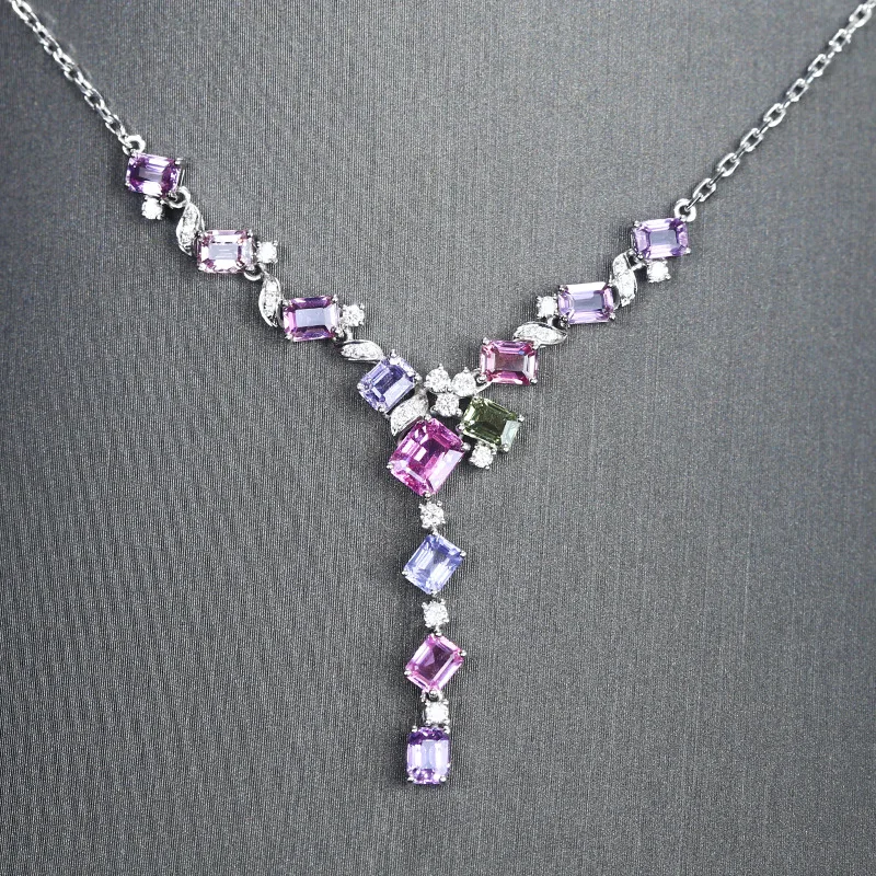 Foydjew Luxury Simulation Padparadscha Sapphire Necklaces Lavender Purple Pink Zircon Tourmaline Necklace Chain Set For Women