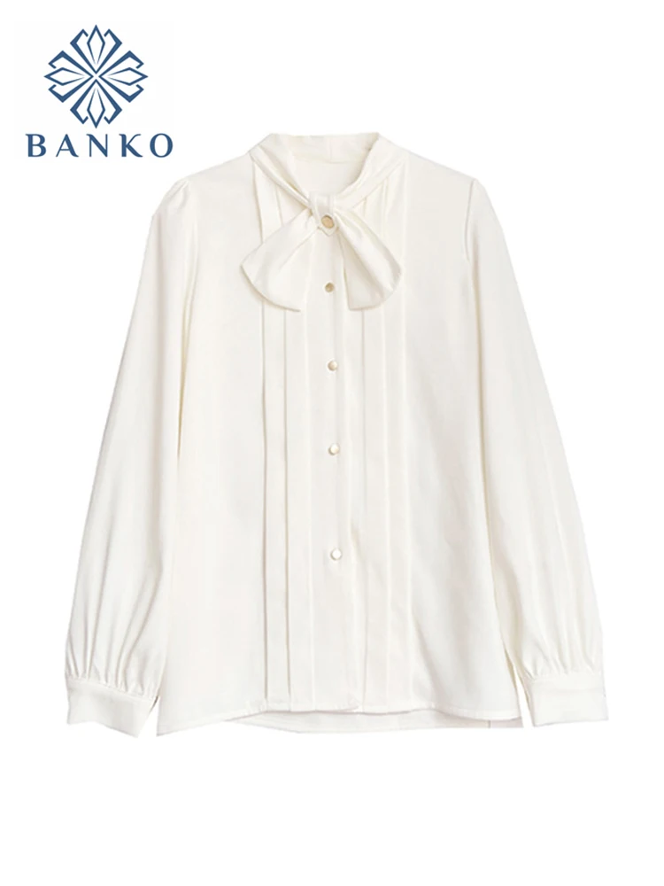 Women's Shirts White Chic Blouses 2021 New Autumn Vintage Bow Long Sleeve Elegant Top Korean Style Singles Breasted Blusas Mujer