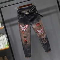 lyfzous womens butterfly patch denim pencil pants navy blue high waist jeans ladies badge embroidery trousers