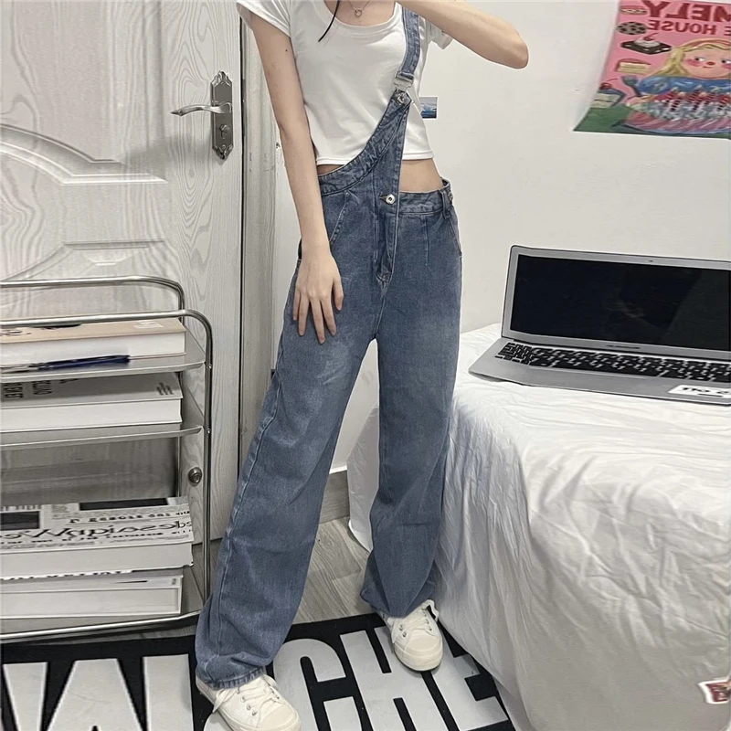 

Lady One Side Strap Button Fly Denim Pant Blue Female Casual Long Overalls Jeans 2022 Autumn Korean Fashion Straight Trousers