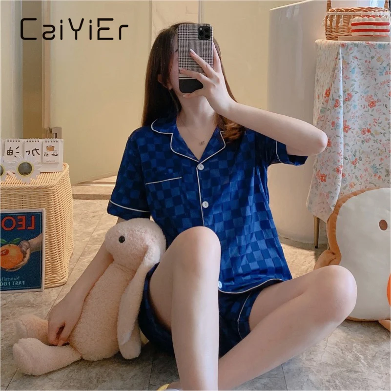 

CAIYIER Grid Print For Women Pajamas Set Summer Turn Down Collar Suits With Shorts Sleepwear Korean Girls Silk Soft Loungewear