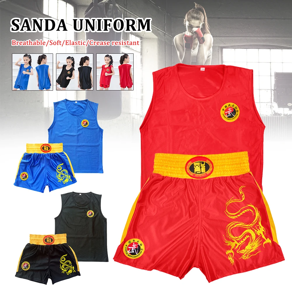 

Adult Children Sanda Uniform Shorts Fight Wushu Sanda Suit for Kids Thai Shirt Training Competition Muay Thai Boxing Uniform