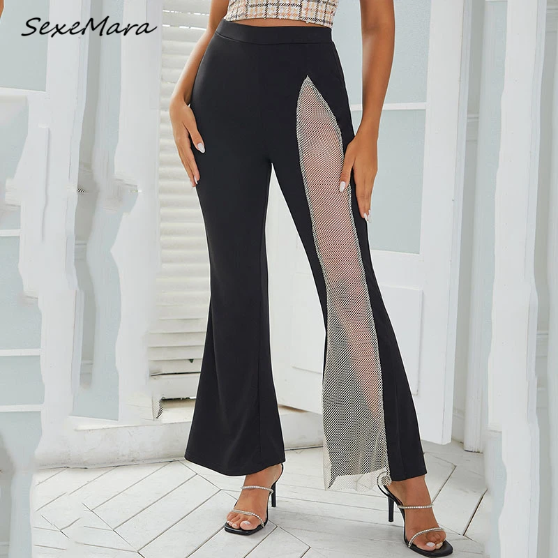 

2022 Black Mesh Flare Pants High Waist Hollow Out Sexy & Club Fashion Trousers Women