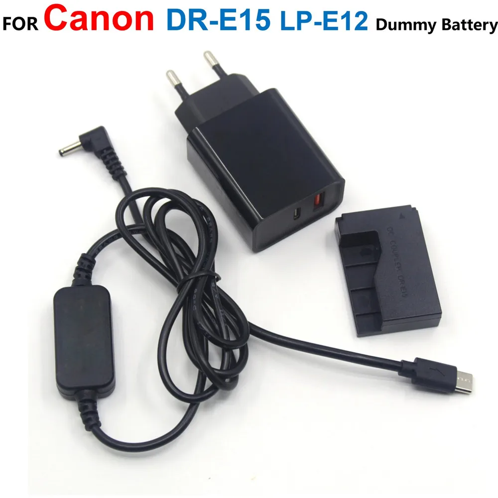 

DR-E15 Coupler LP-E12 Dummy Battery+ACK-E10 USB Type-C Power Bank Cable+PD Charger For Canon EOS 100D Kiss x7 Rebel SL1 SX70HS