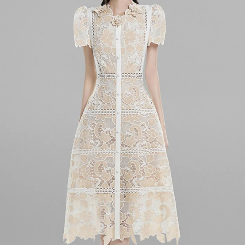 Женское однотонное платье с вышивкой и кружевом Элегантное летнее