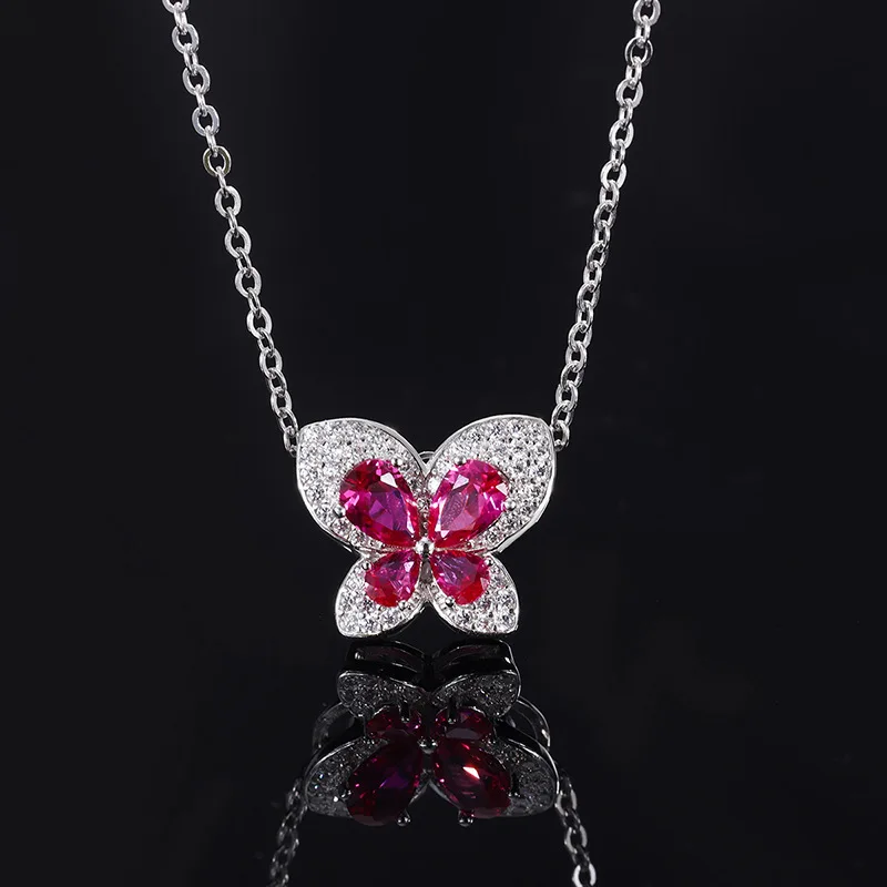 

2022 New Retro S925 Sterling Silver Ruby Crystal Butterfly Paired Pendants Necklace Luxury Quality Jewelry Korean Style Gift